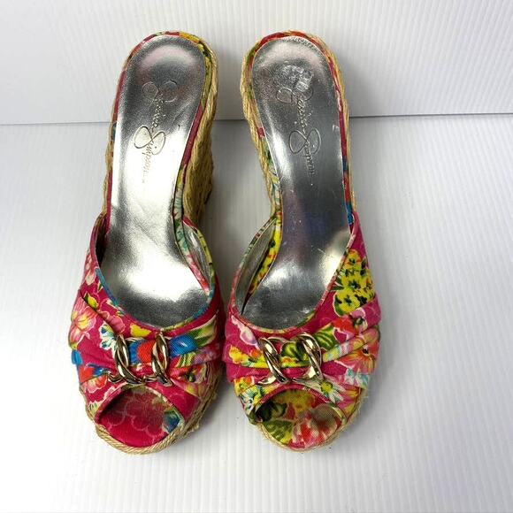 Womens Jessica Simpson Gains Platform Espadrille Wedges Floral Peep Toe Pink 8.5 - Picture 3 of 8